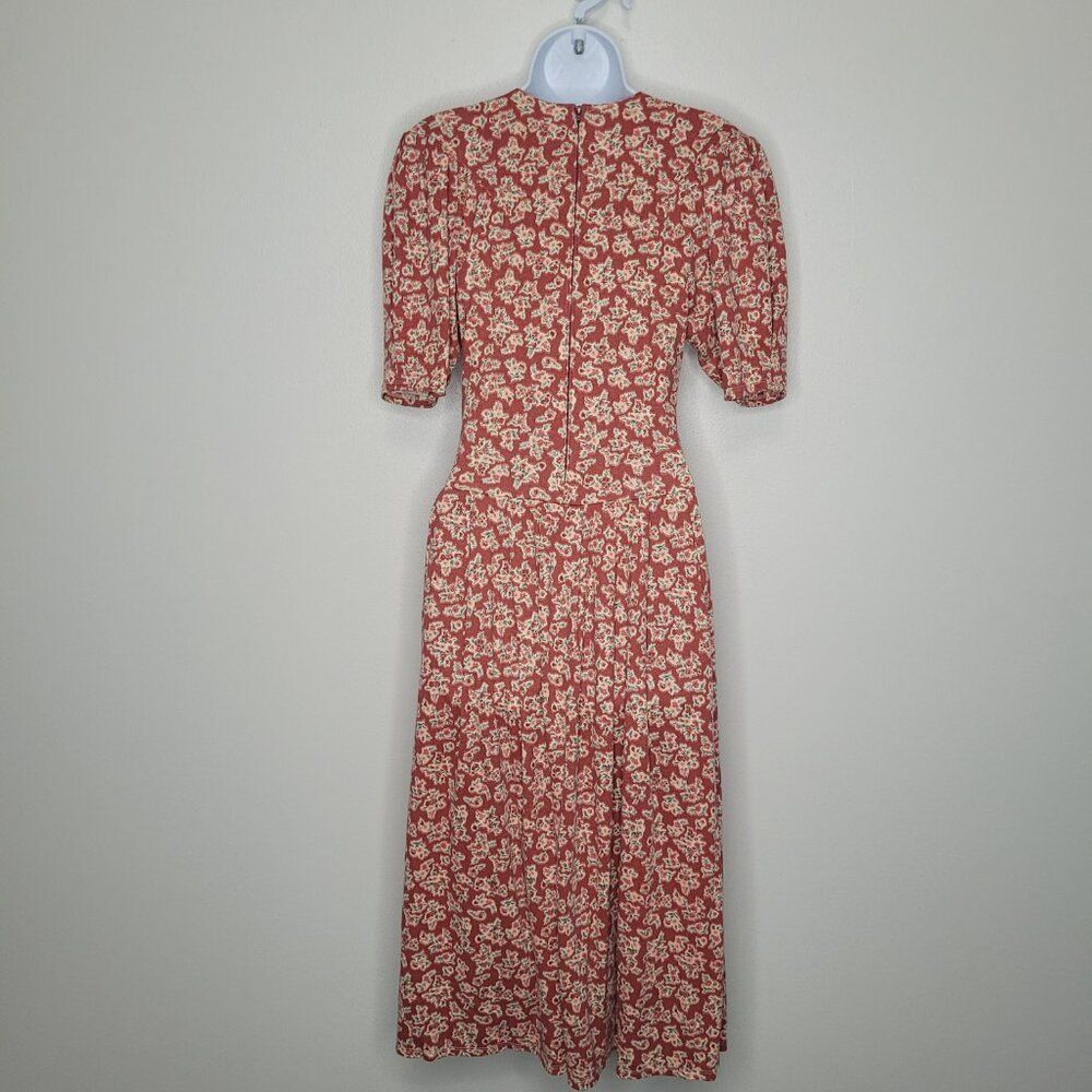 Vintage 90s red floral trad wife cottagecore drop waist half sleeve midi dress 9 - Picture 2 of 7
